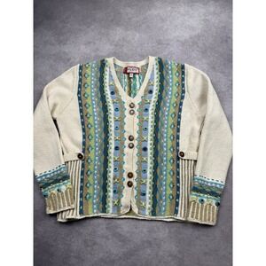 Newari Hand Knit Nepal Cotton Cardigan Sweater Cream Blue Green Boho Womens L XL